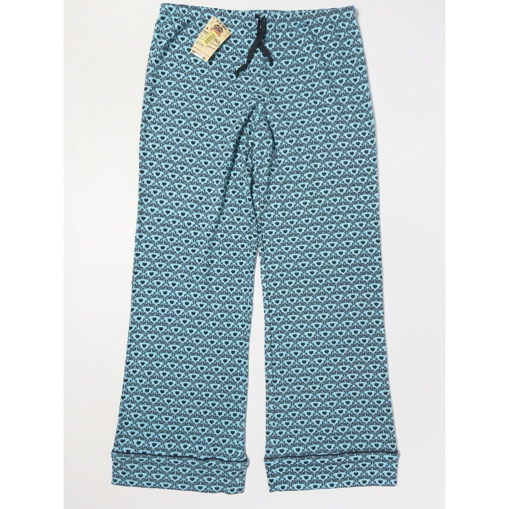 NWT Lucky Brand Wide Leg Pajama Pants Teal Blue Black Hearts 100% Cotton Women L